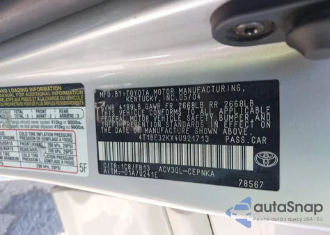 2004 Toyota Camry Le z USA, uszkodzony, nr VIN 4T1BE32KX4U921713